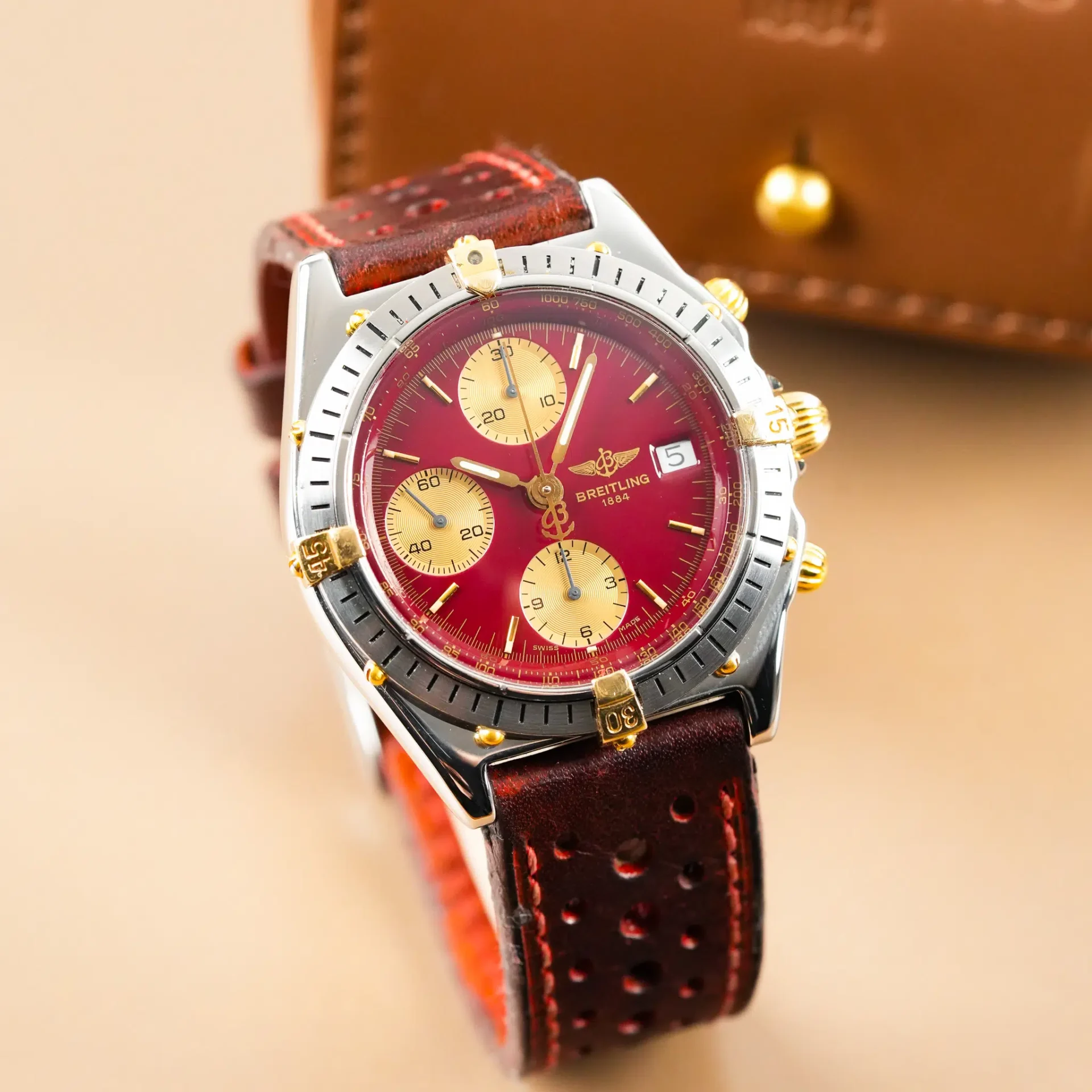 Breitling Chronomat 18k Gold Two Tone Chrono Date Red Dial B13047