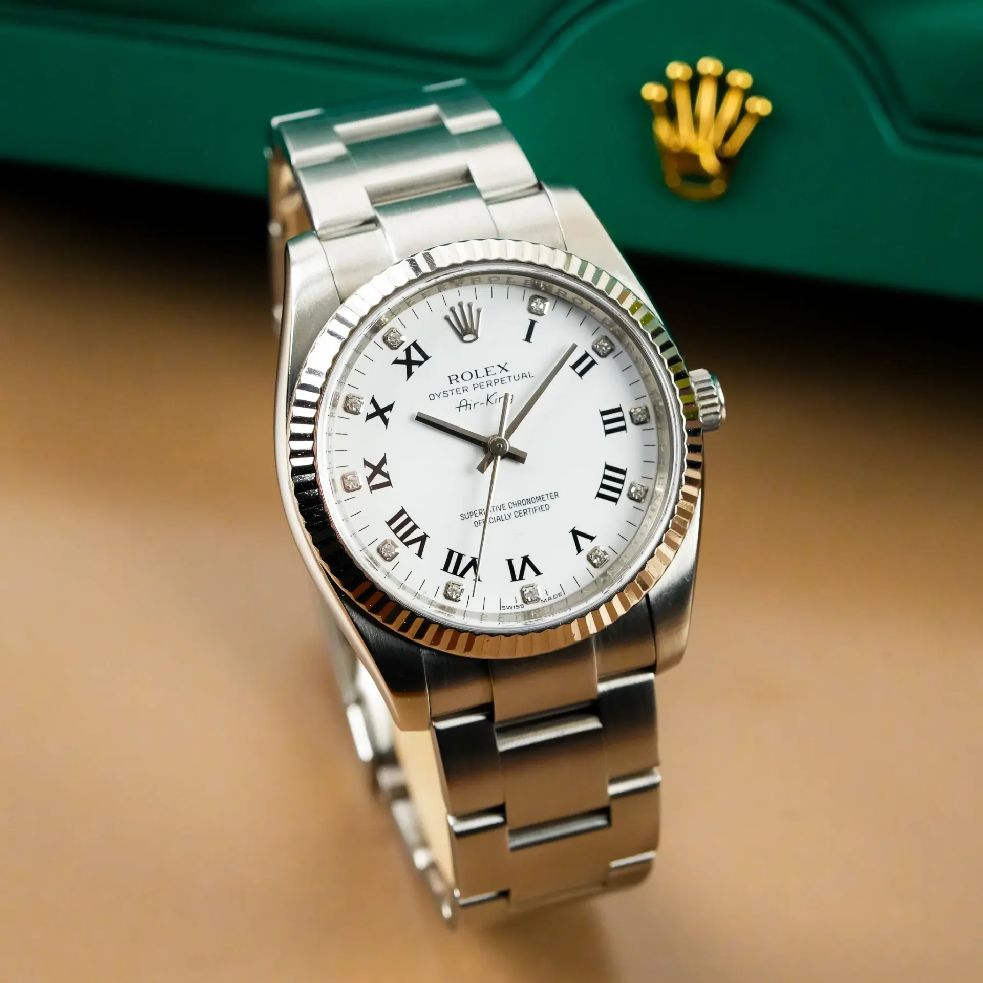 Rolex Air King White Gold Bezel Roman Diamond Dial 114234