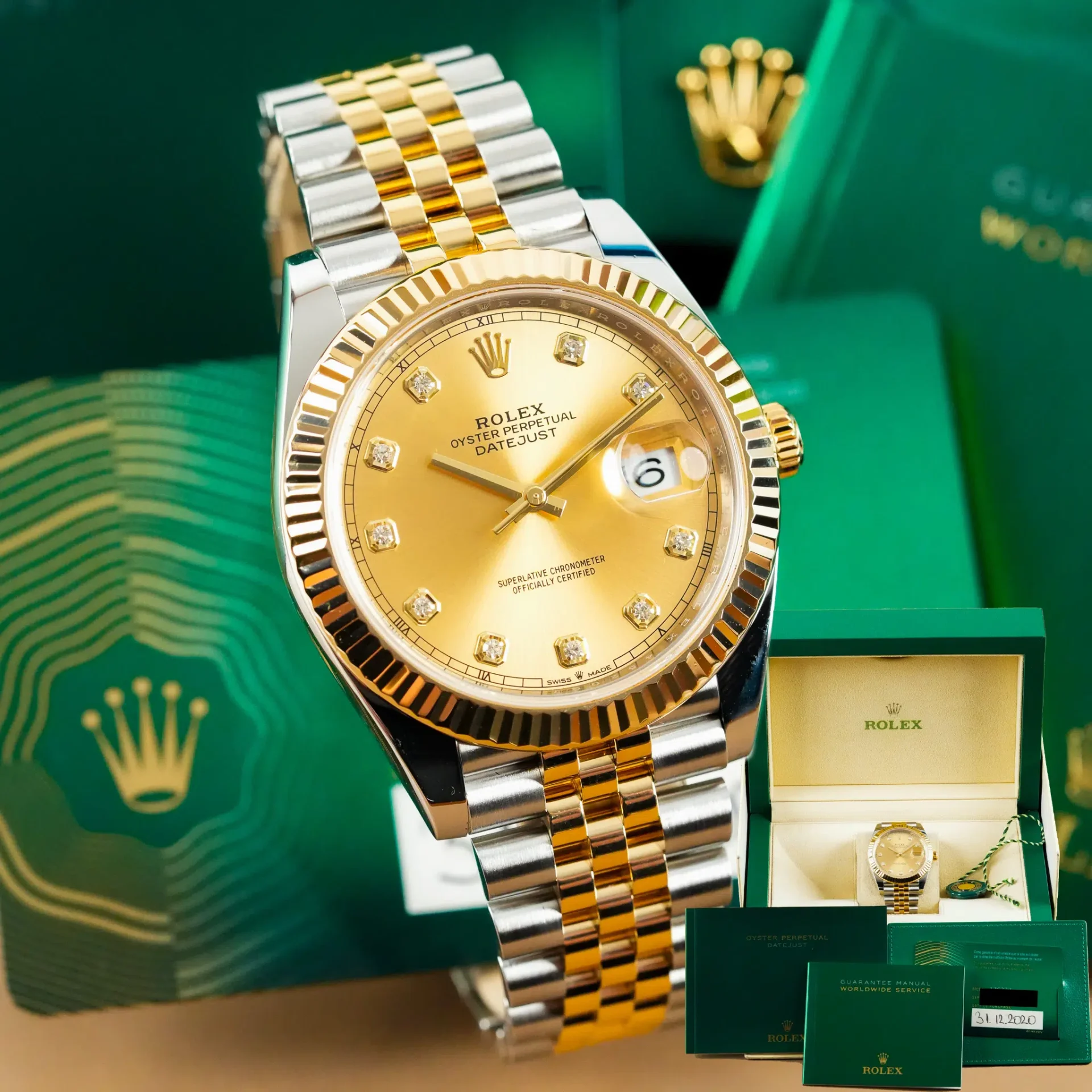Rolex Datejust 41 Jubilee 18k Gold Fluted Bezel Diamond Index Gold Dial Full Set 126333